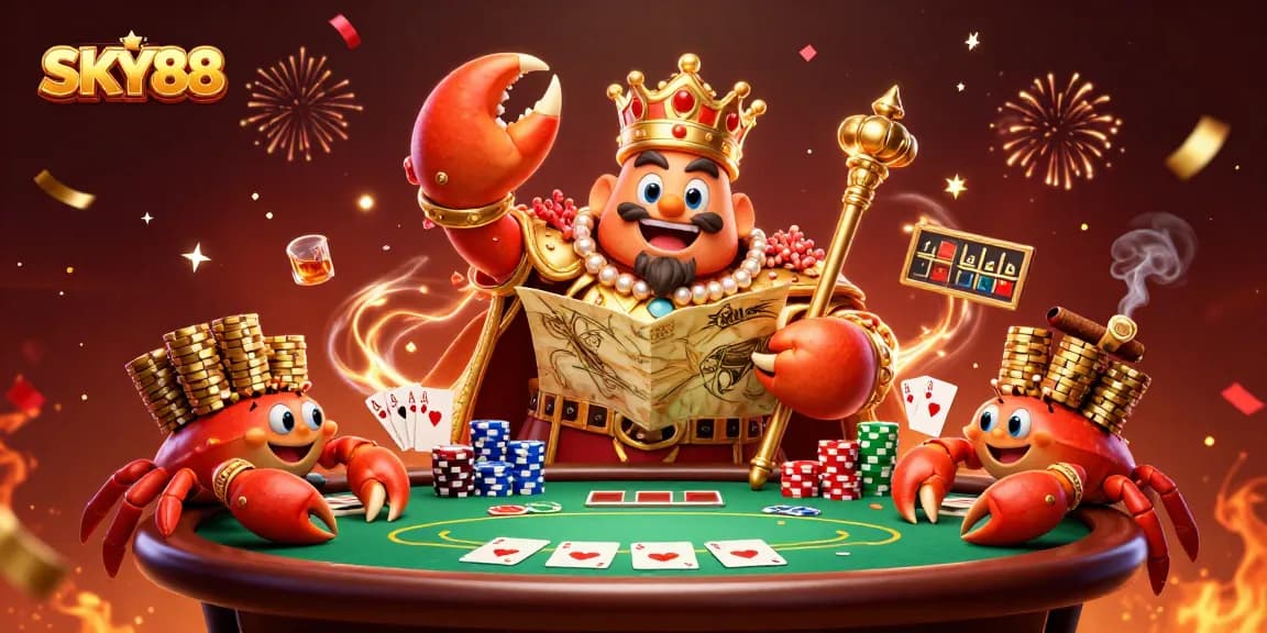 Experience thrilling gameplay at SKY88 with a lavish scene featuring a golden crab emperor and dynamic poker elements.