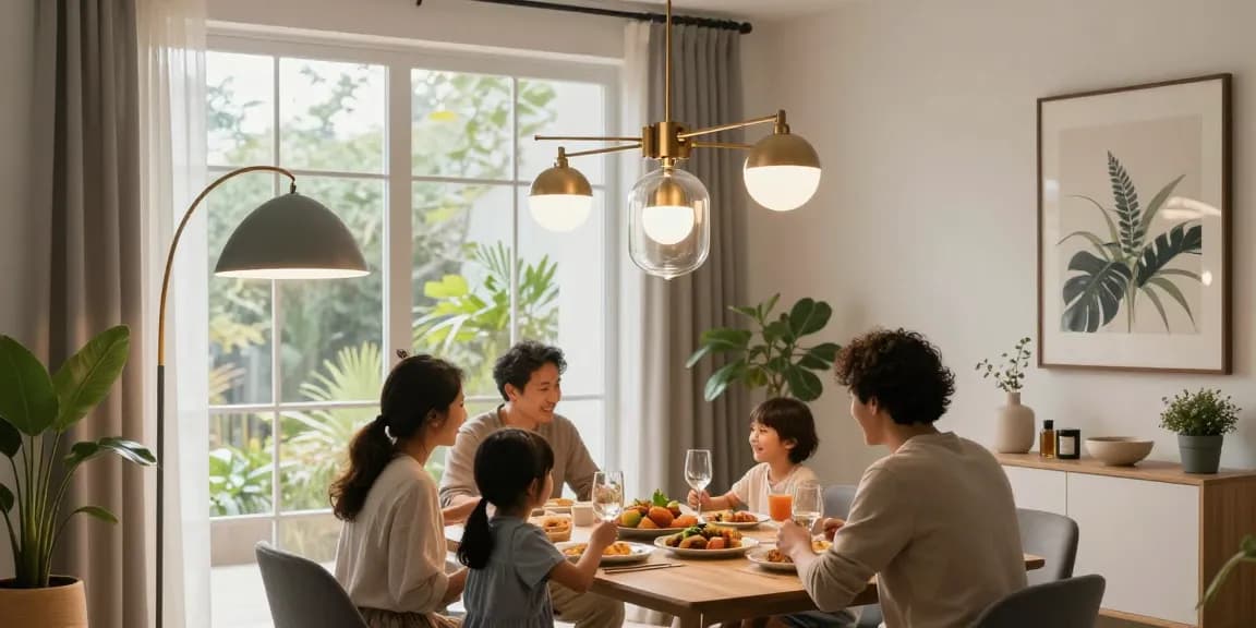 Modern home illuminated by stylish lamparas en linea, creating a warm, inviting atmosphere.
