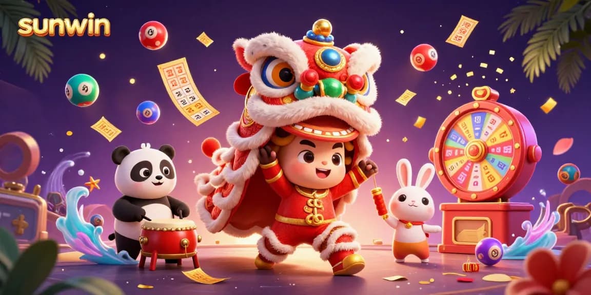 Engage in vibrant lottery excitement with sunwin's festive casino scene featuring dancing characters.