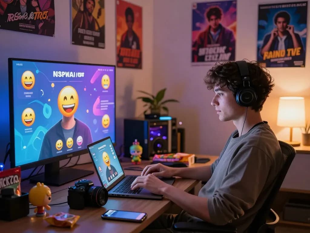 Engaged user in cozy room enjoying nsfw chat with AI avatars and vibrant decor.