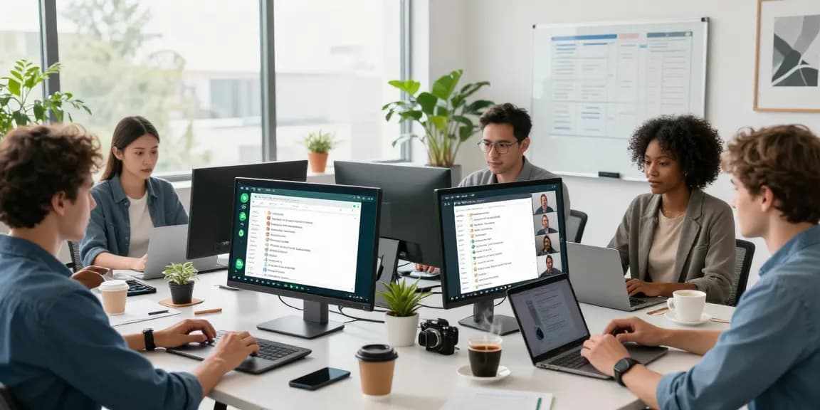 Engaged professionals using WhatsApp電腦版 in a collaborative tech workspace to enhance communication.