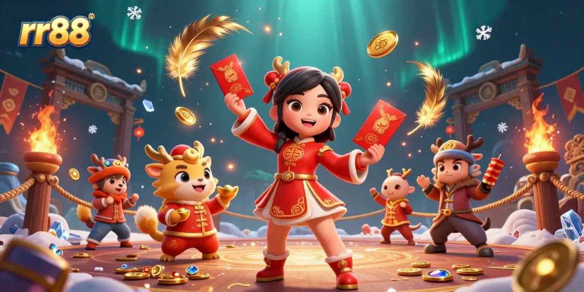 Engage with rr88 in a vibrant Lunar New Year-themed casino illustration showcasing Fortune and joyful festivities.