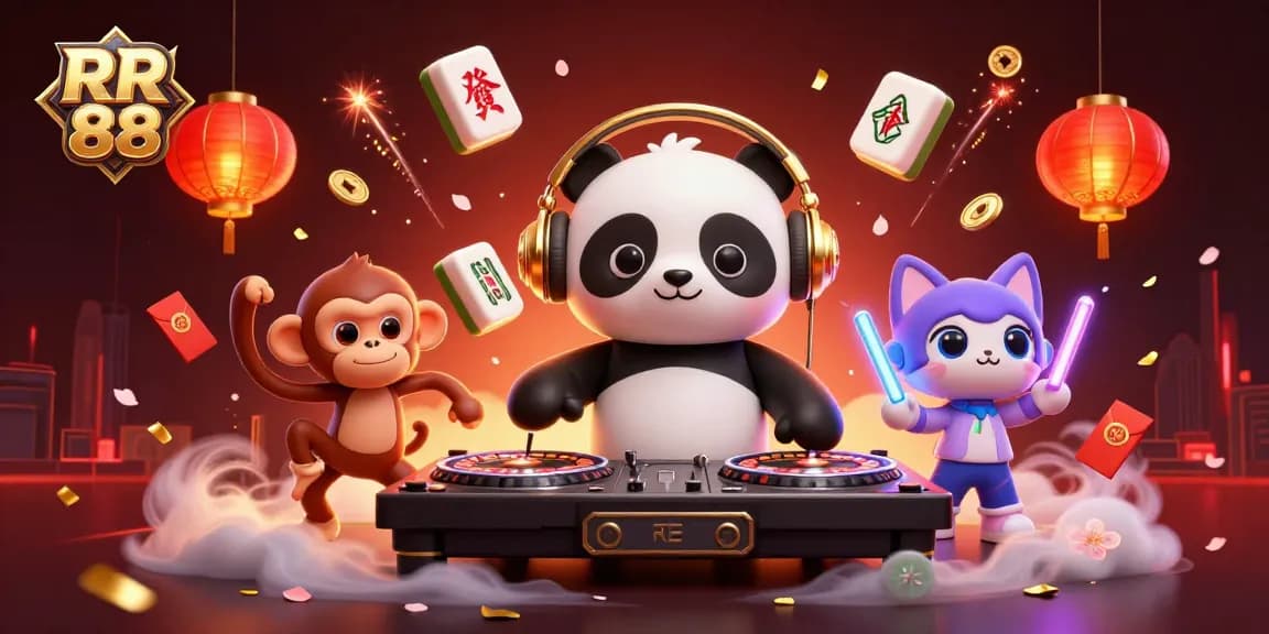 Experience the thrill of RR 88 with a lively DJ panda spinning roulette wheels surrounded by festive elements.