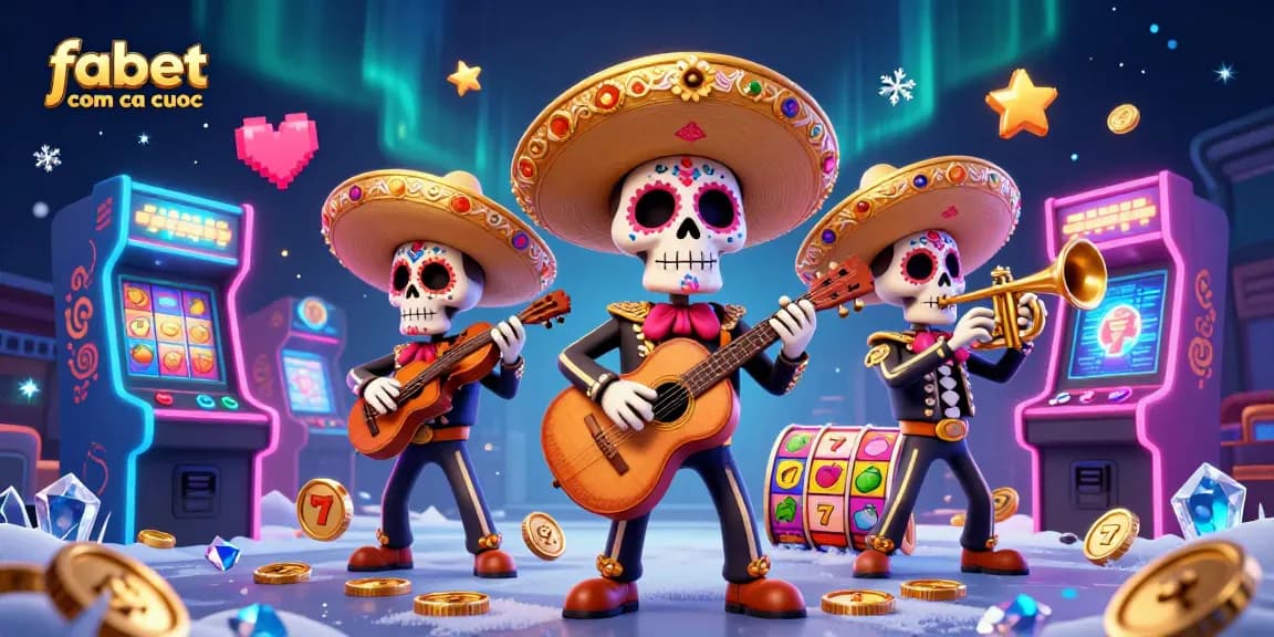 Please play and win at fabet com ca cuoc with this vibrant, detailed illustration of a mariachi band amidst slot gaming elements.
