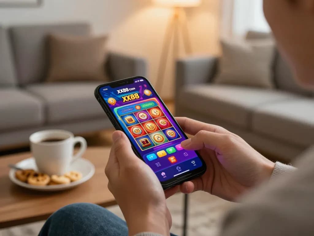 Engaging mobile gaming scene with a smartphone displaying xx88 com slot game interface.