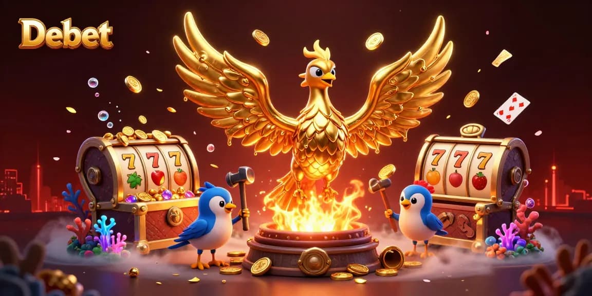Win with Debet's immersive slots experience featuring a molten phoenix and vibrant casino elements.