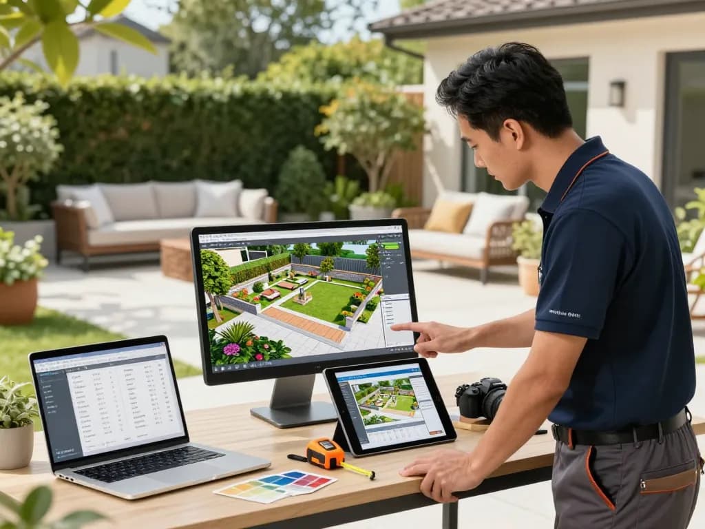 Instalador utilizando software para instaladores de verandas para configurar un espacio de jardín en 3D con visuales vívidos y precios.