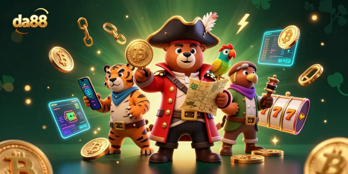Experience the excitement of da88 online casino with a vibrant illustration of a pirate bear, tiger, and treasures.