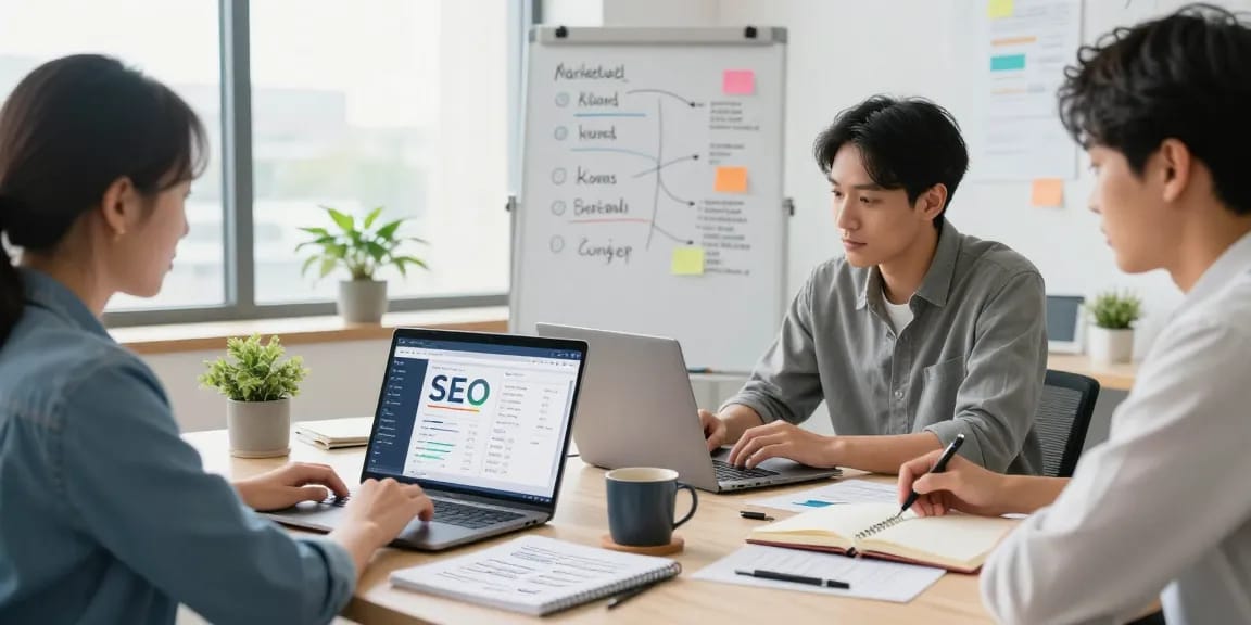 Agencia SEO Local Barcelona: equipo colaborando en estrategias digitales en una oficina moderna.