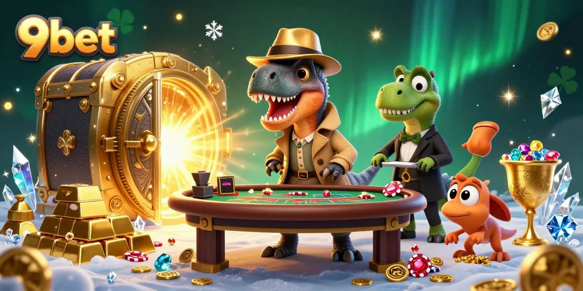 9bet showcases a thrilling blackjack scene with a velociraptor card counter and vibrant casino treasures.