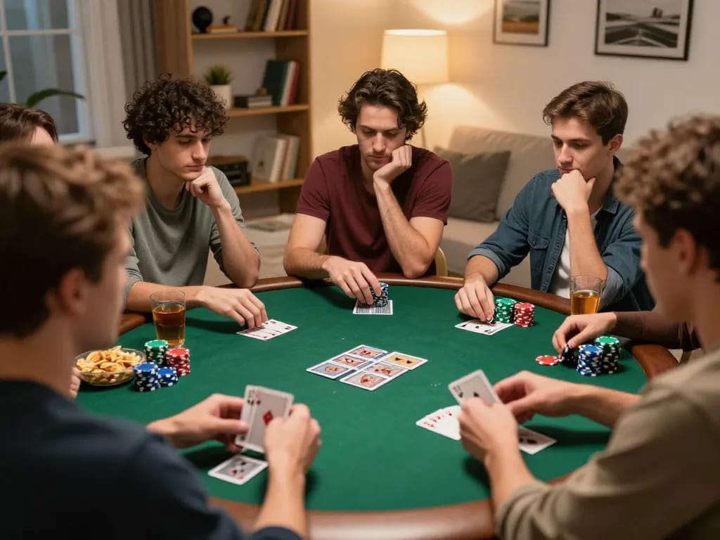 Collective strategy during a poker night with friends, featuring the excitement of kèo nhà cái 5.
