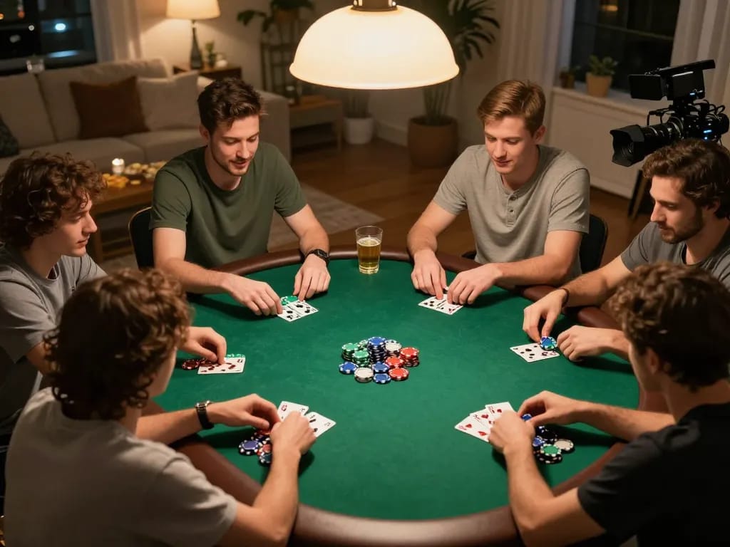 Friends enjoying a poker night at home while strategizing with taixiuvn