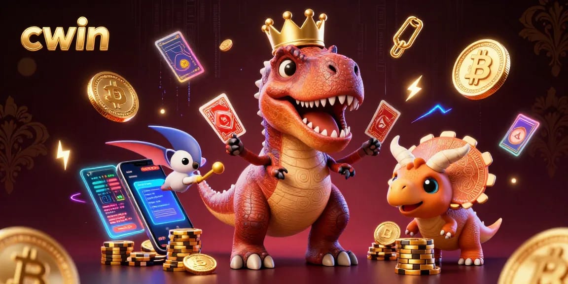 Experience exciting gaming at cwin with a fun T-Rex, pterodactyl, and triceratops in a vibrant casino setting.