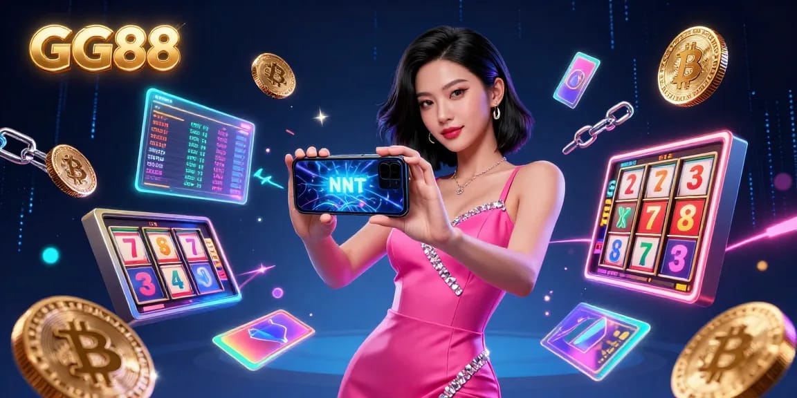 Experience excitement at GG88 with stunning visuals of a live dealer game alongside cryptocurrency elements.