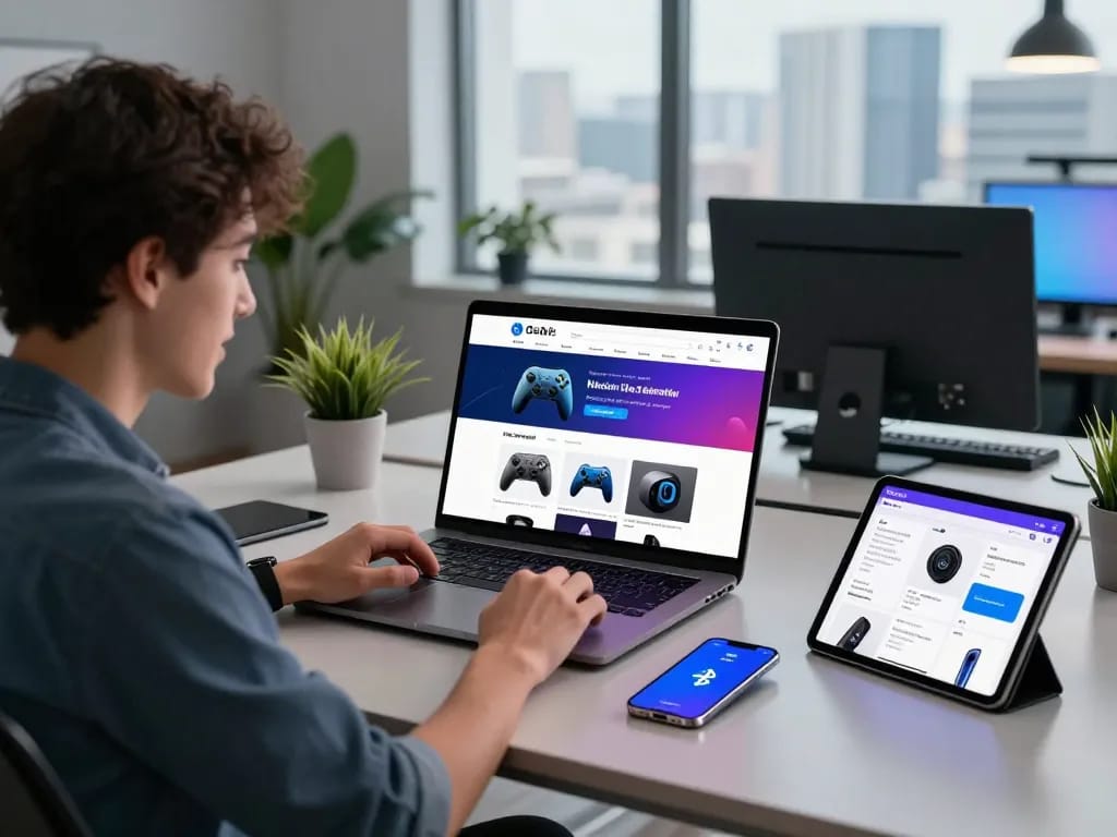 Youthful professional immersed in must-have tech gadgets review at modern workspace.