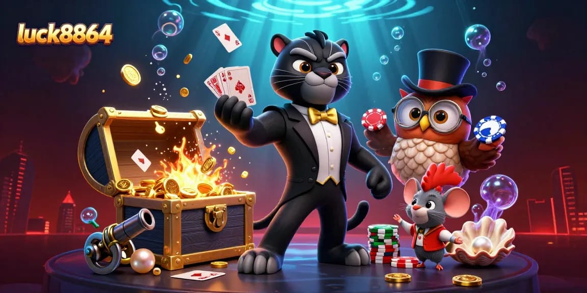 Luck8864 showcases stylish characters in an exciting casino-themed underwater adventure.