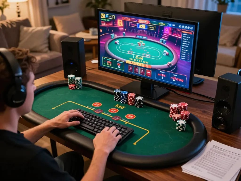 Player engaging in a live RR88 poker game at home, showcasing chips and strategy notes for better odds.