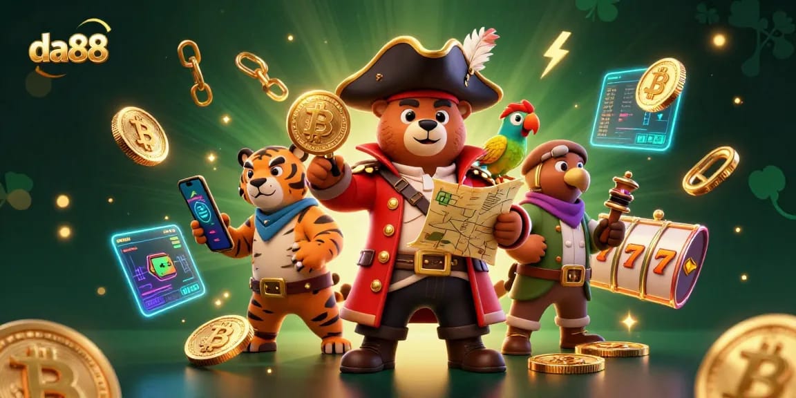 Experience the excitement of da88 online casino with a vibrant illustration of a pirate bear, tiger, and treasures.