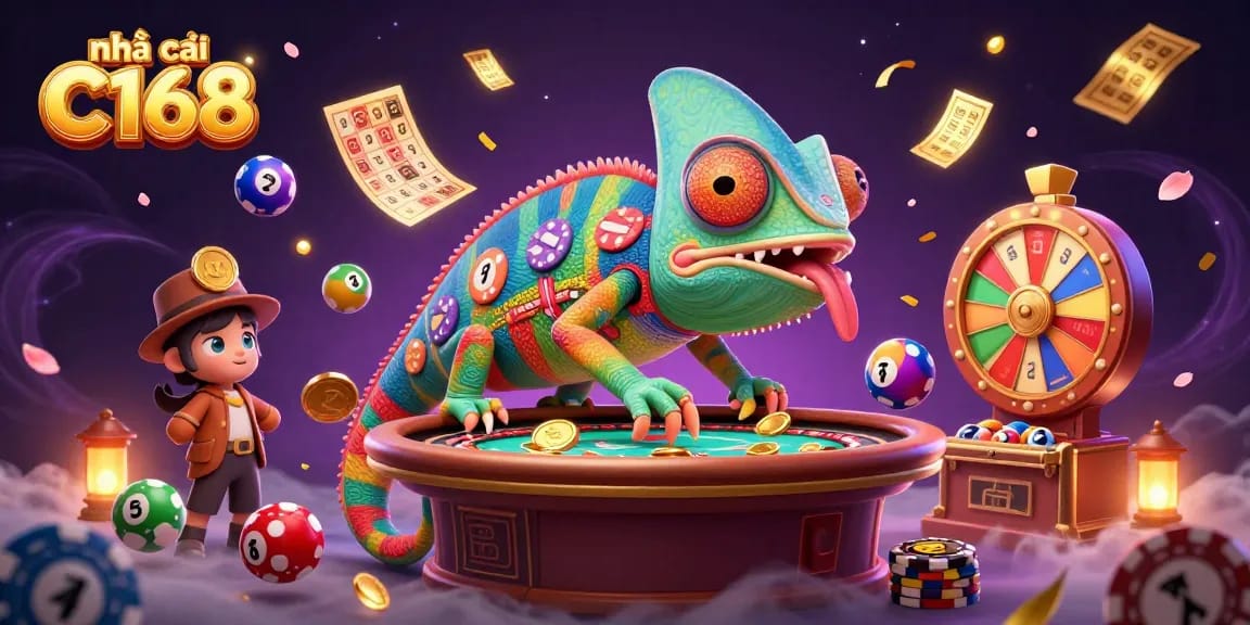 Experience the excitement at nhà cái C168 with a vibrant casino illustration featuring a chameleon owner.