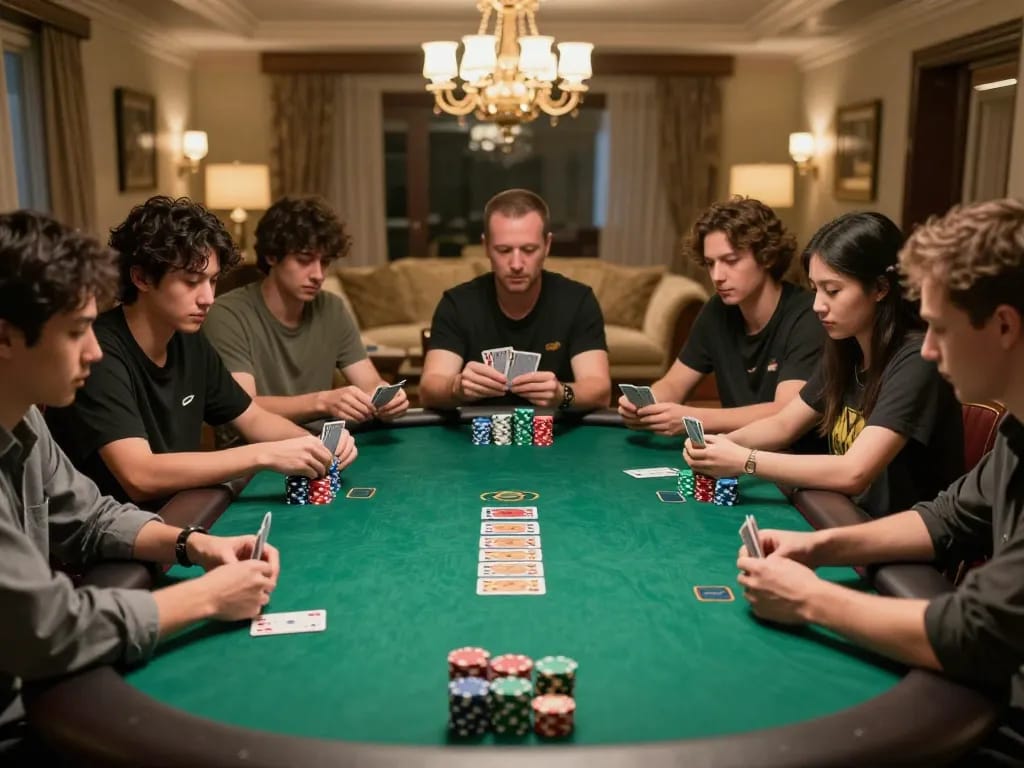 CM88 players strategizing in an intense home poker game with golden lighting and colorful chips