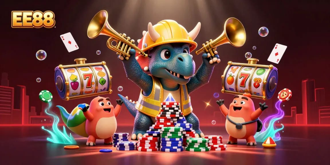 EE88 showcases a lively scene with engaging characters building poker chips and celebrating winnings.