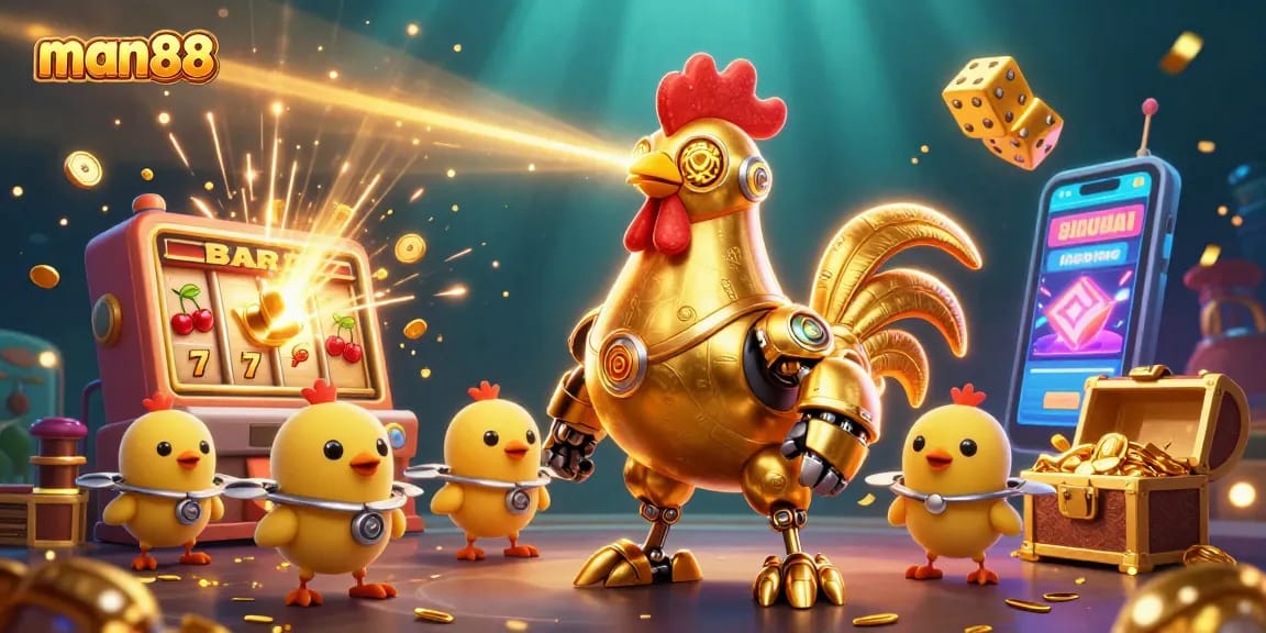 man88 showcases the vibrant thrill of slot gaming with dazzling robots and dynamic casino elements.
