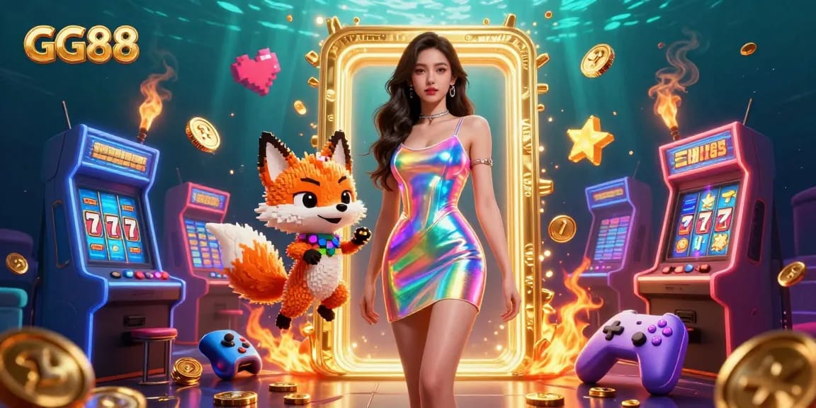 Experience the excitement of GG88 with colorful slot reels and vibrant game elements in an energetic casino scene.