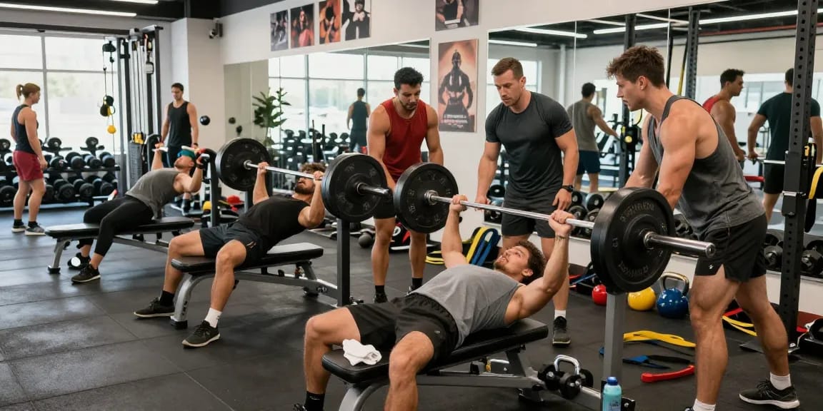 Atletas comprometidos en el centro de fitness Esteroidesshop realizando levantamiento de pesas, mostrando energía y camaradería.