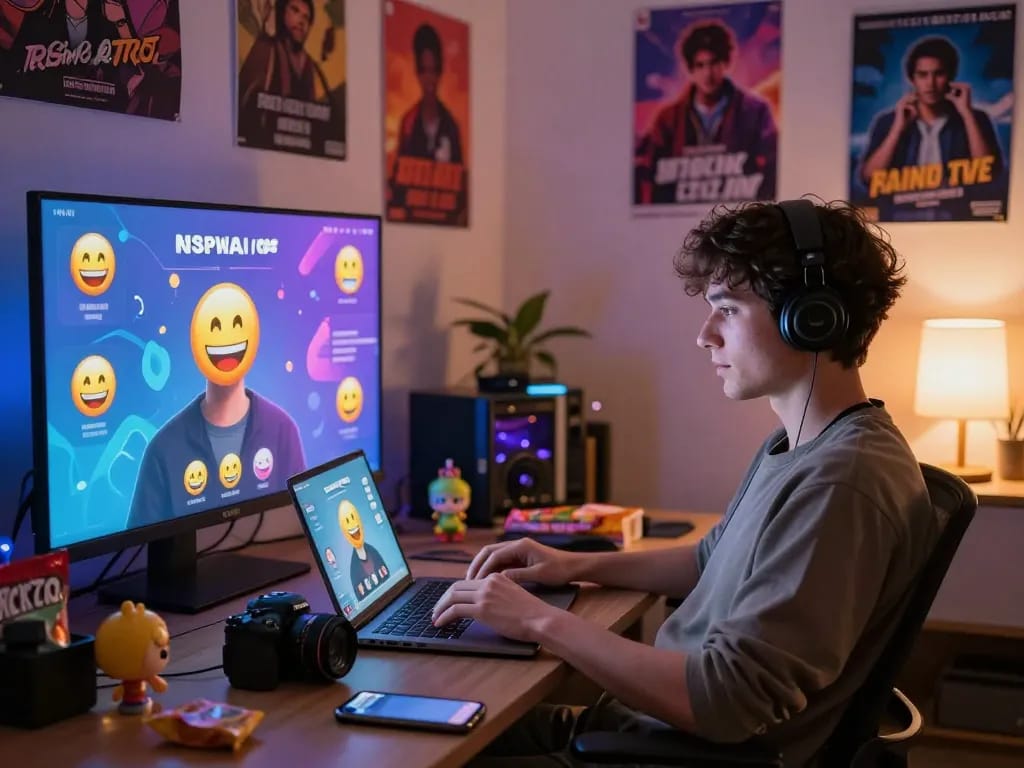 Engaged user in cozy room enjoying nsfw chat with AI avatars and vibrant decor.