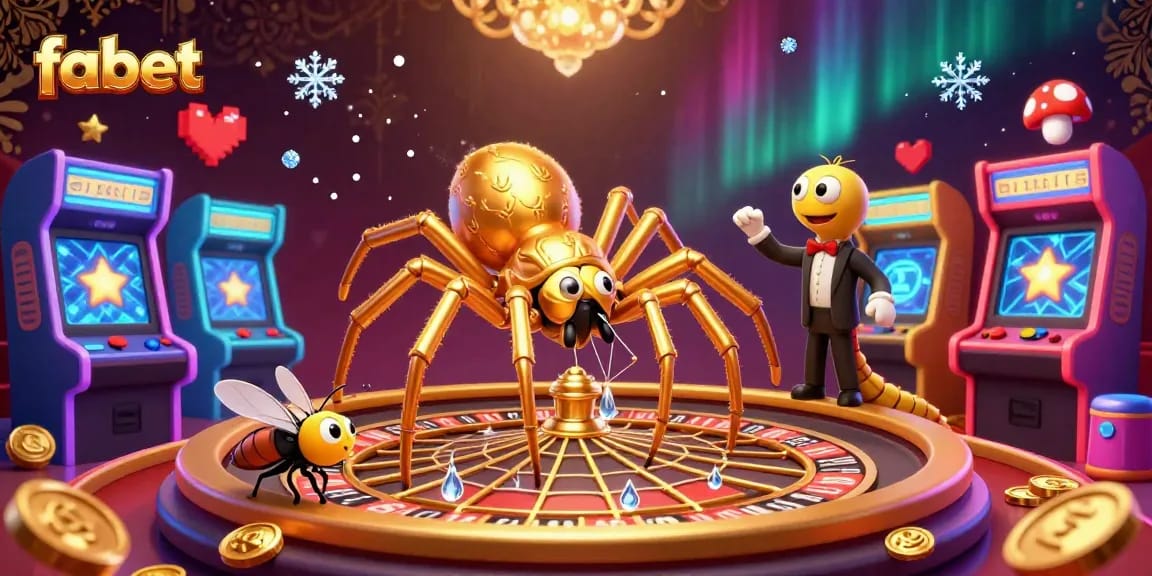 Experience the thrill of fabet with a golden spider spinning a roulette wheel web in a vibrant casino scene.