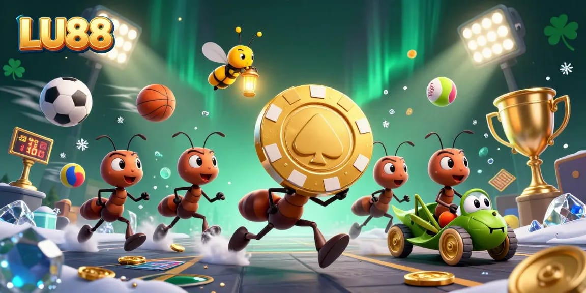 LU88 showcases a vibrant 3D casino scene with ants on a heist, symbolizing exciting gameplay.