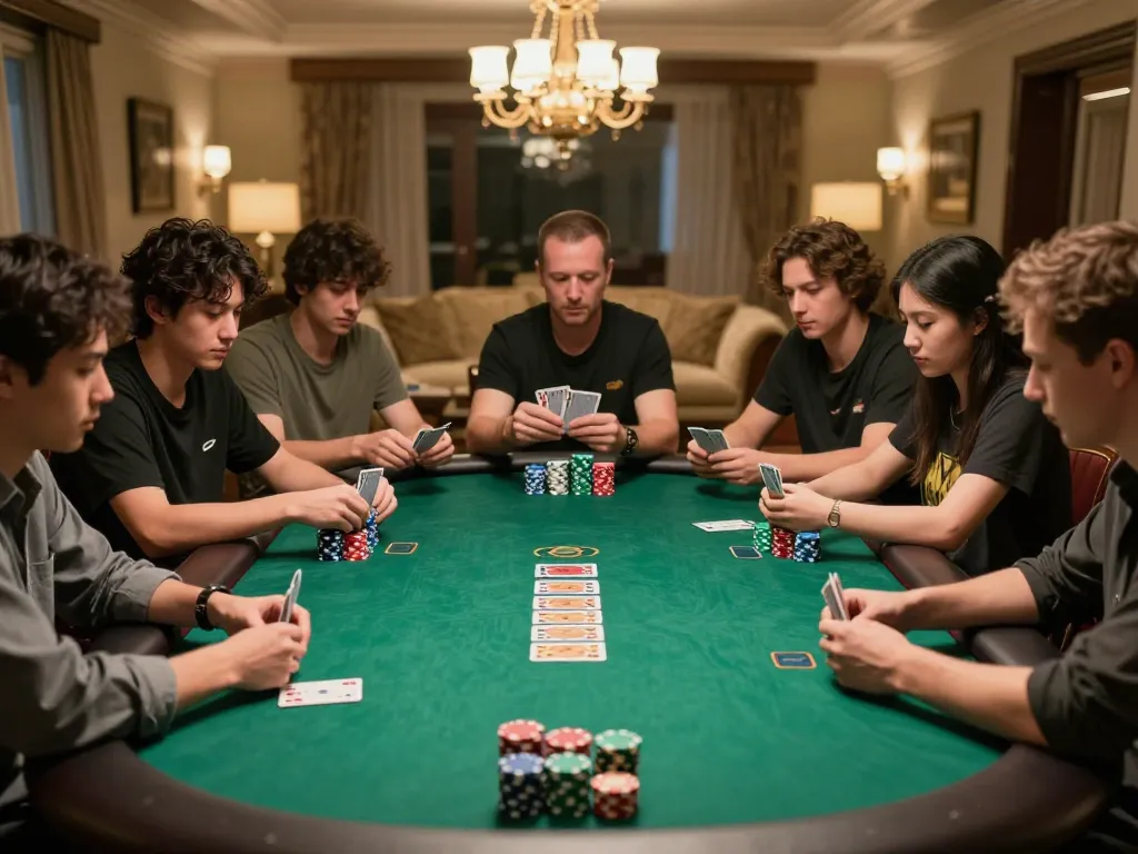CM88 players strategizing in an intense home poker game with golden lighting and colorful chips