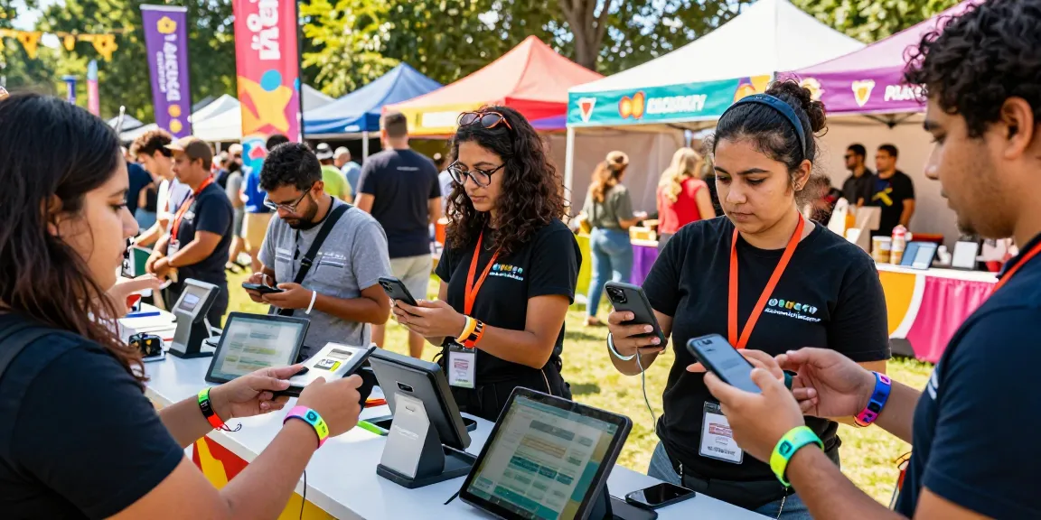 Cashless en festivales experience with NFC wristbands in vibrant crowd during a festival event.