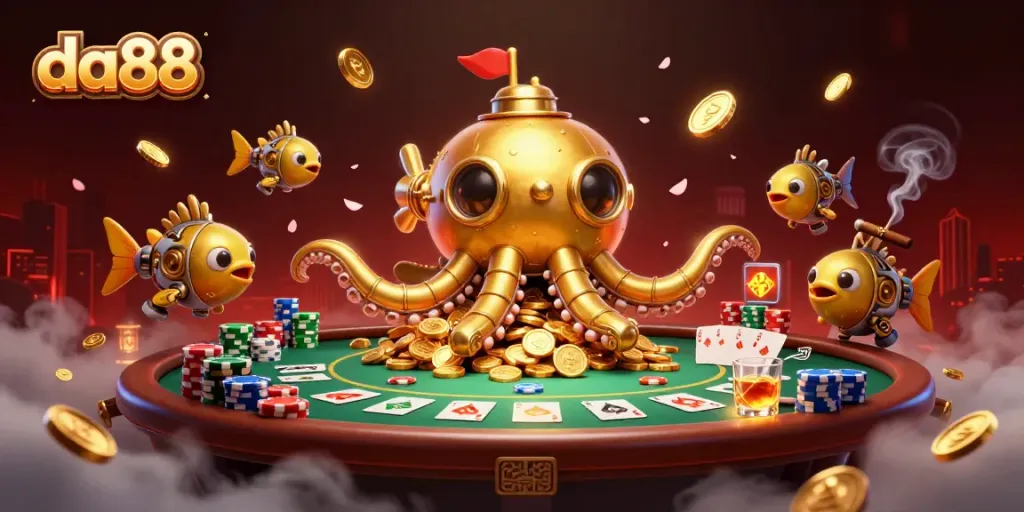 Experience thrilling gameplay at da88 with a dynamic poker scene featuring a golden kraken and immersive casino elements.
