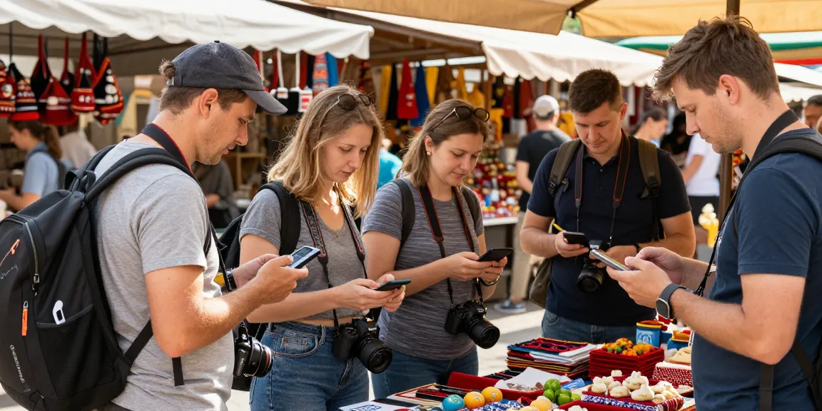 Turistas utilizando https://payinrussia.com/ en un mercado ruso, rodeados de productos locales y cultura vibrante.