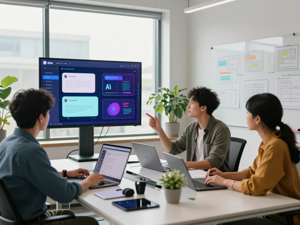 Innovative tech workspace demonstrating spicy ai interaction with developers and vibrant chatbot visuals.