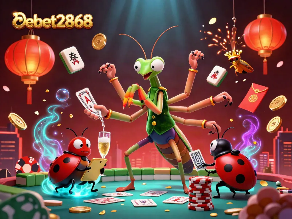 Engage players at debet2868 with an animated scene of a giant mantis card sharp, ladybug pit boss, and vibrant casino elements.