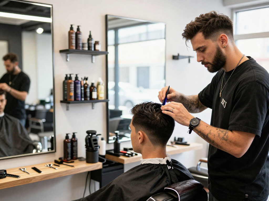 Client receiving a stylish haircut at rokok88 barber shop with modern tools.