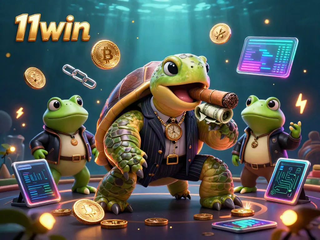 Experience the thrilling world of 11win with a vibrant 3D casino scene featuring a mobster turtle and bullfrog enforcers.