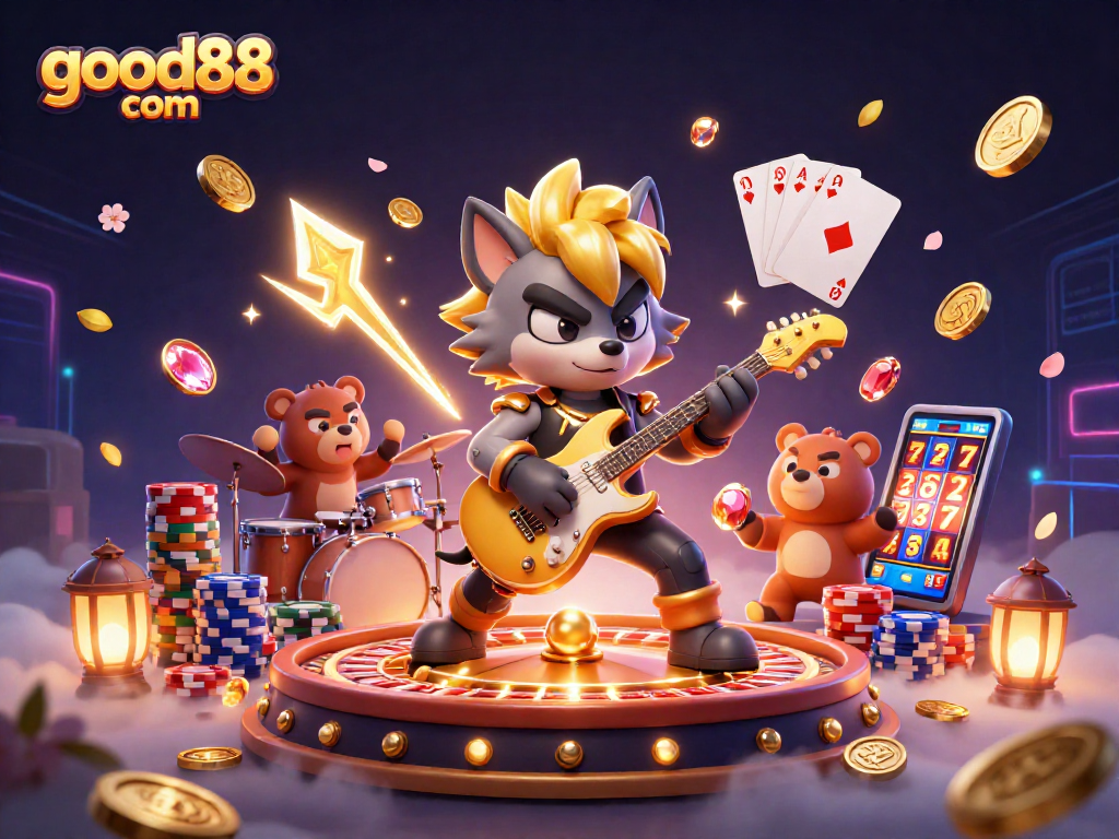 Engage in thrilling gameplay at good88 com with our 3D casino digital art featuring a rock star wolf.