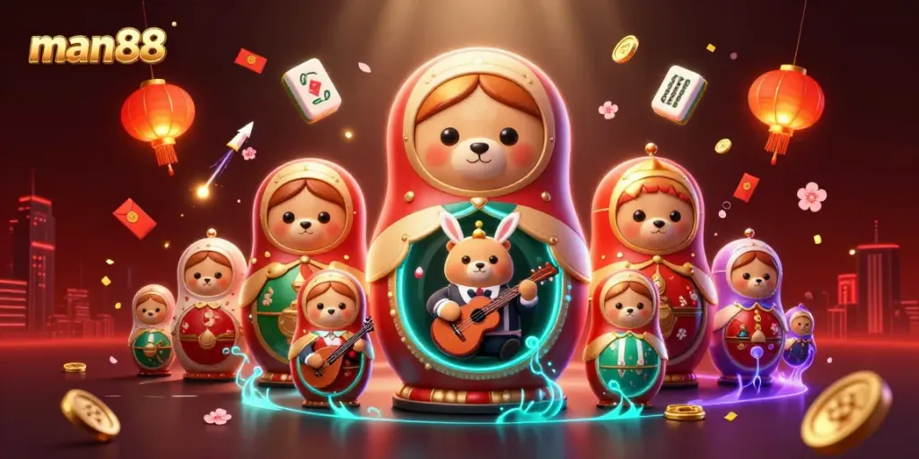 Experience the vibrant world of man88 with Matryoshka bears and casino elements in this 3D illustration.