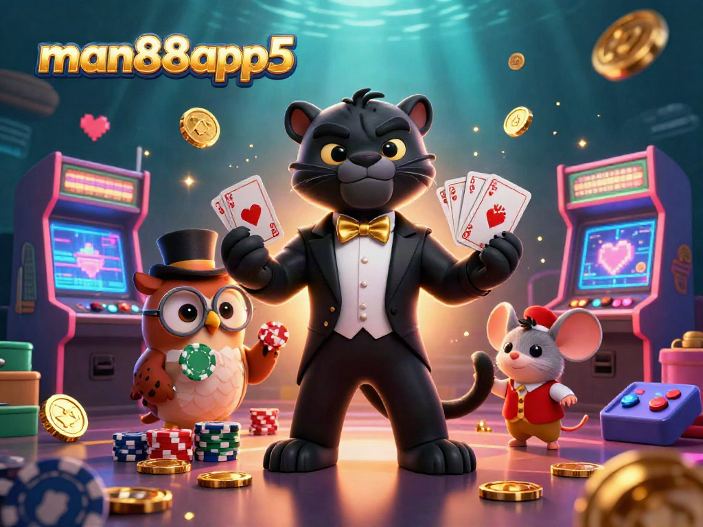 Engage with man88app5 as a cartoon panther deals cards in a dazzling casino scene.