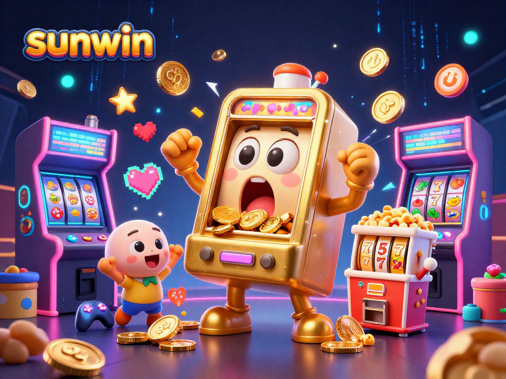sunwin slot machine hitting jackpot in an exciting 3D gaming illustration with coins pouring out.