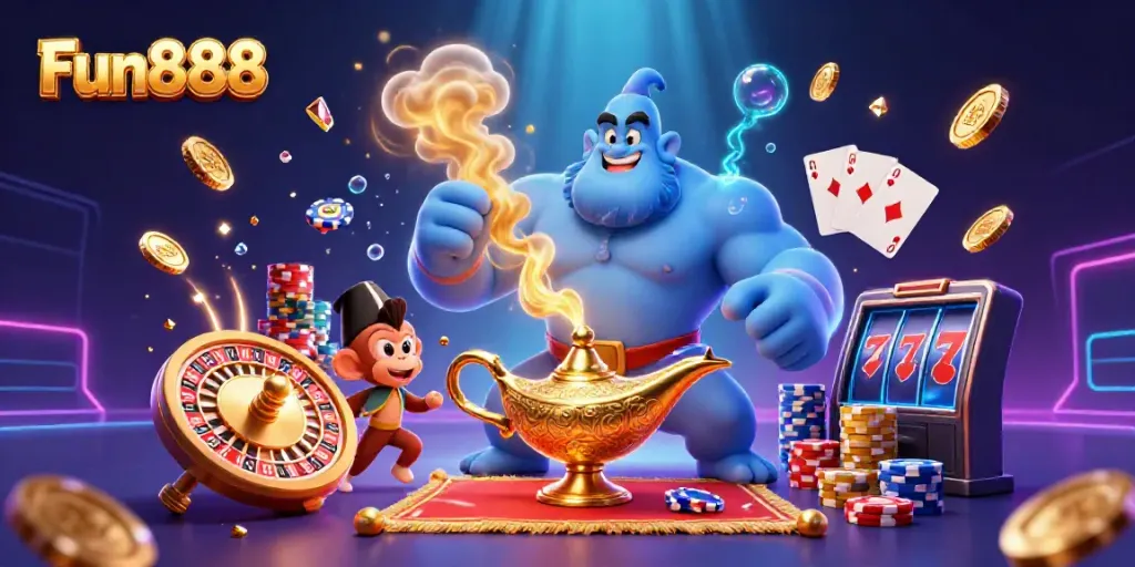 Engage with Fun888's vibrant casino world featuring a magical genie and dynamic gaming elements.