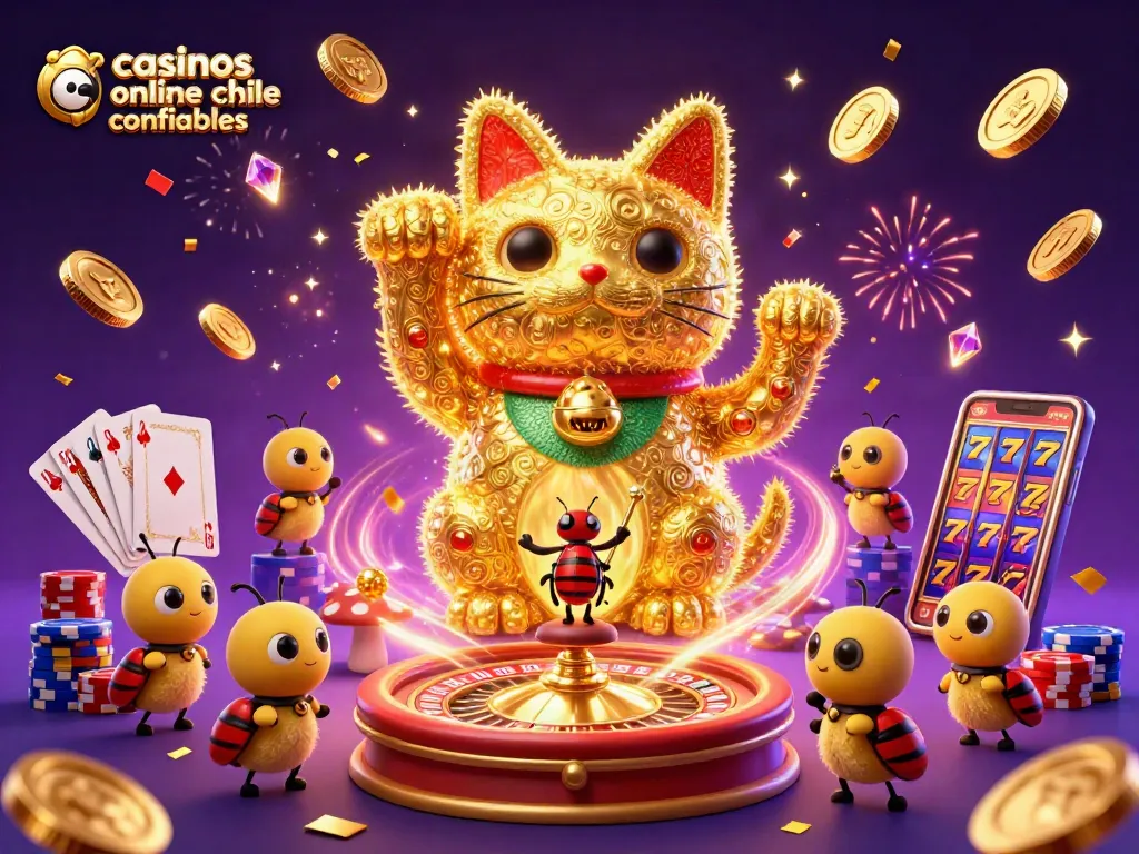 Defiende tus apuestas en casinos online chilenos confiables con un impresionante gato de la suerte formando símbolos de casino.