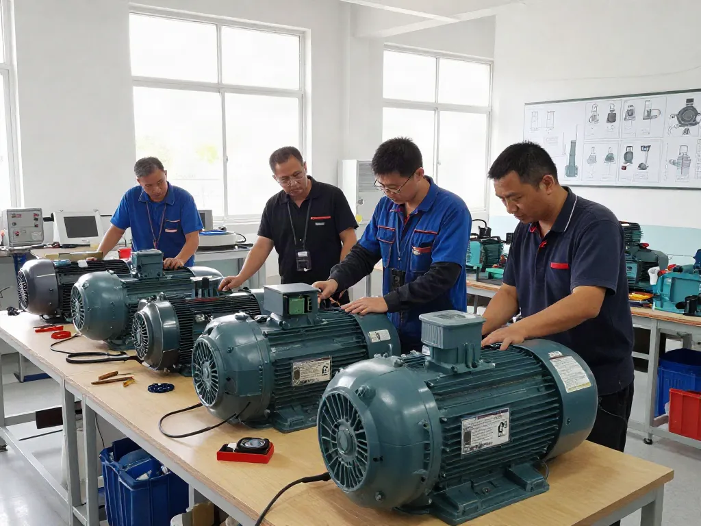 Revisión de motores eléctricos en Venezuela, técnicos inspeccionando motores monofásicos y trifásicos en un taller industrial.