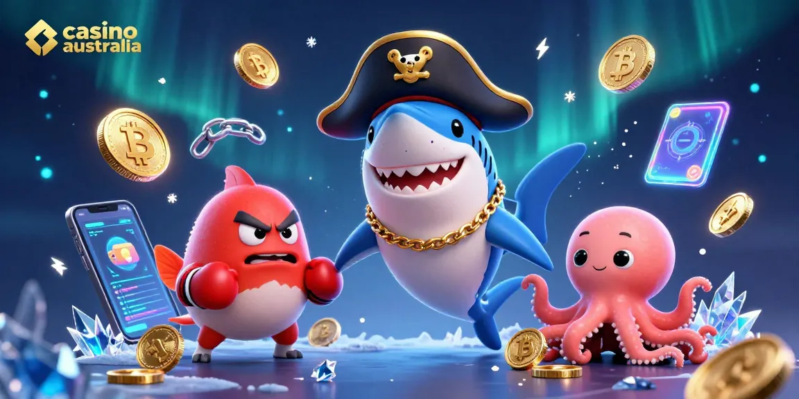 Experience the lively action of virtual gaming at casino australia, featuring a colorful cartoon pirate shark, pufferfish sidekick, and octopus holding gold coins.