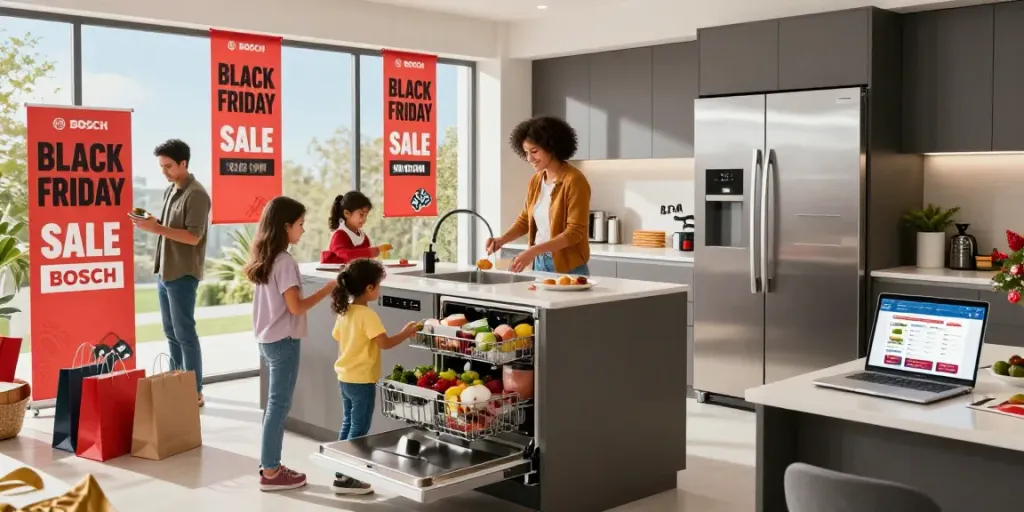 Ofertas del Black Friday Bosch en una moderna cocina familiar con electrodomésticos Bosch.