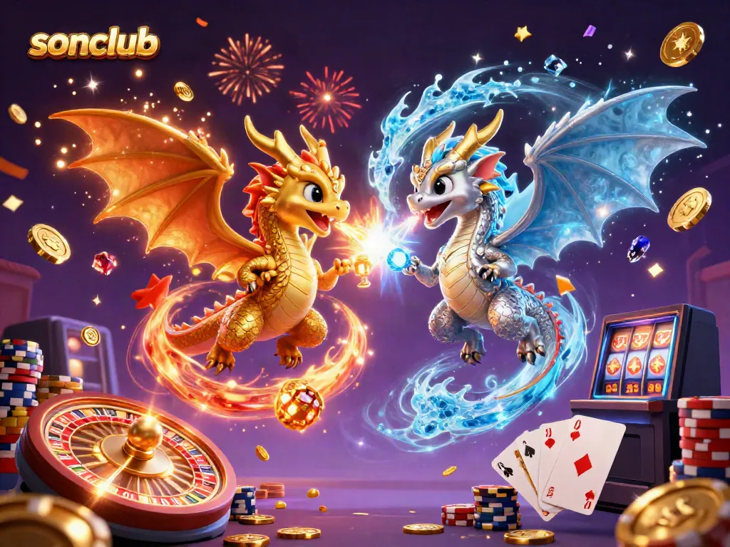 Engage in dynamic gaming with sonclub, featuring animated dragons and casino elements.