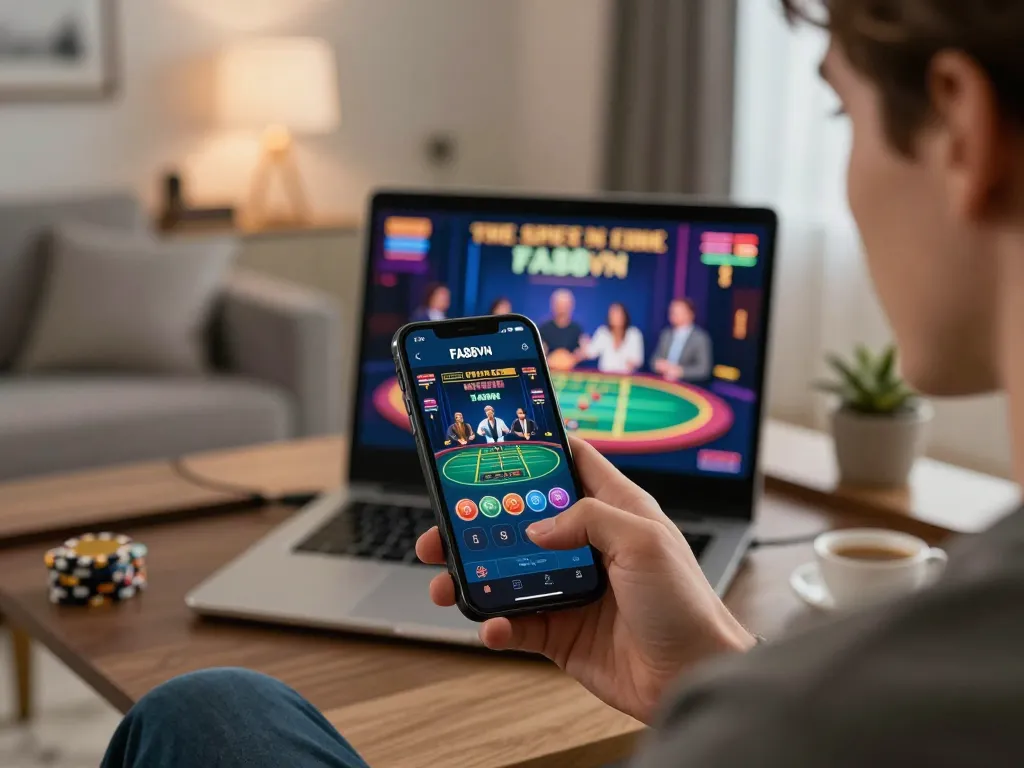Player using FA88VN app for live casino gaming on smartphone in modern home setting